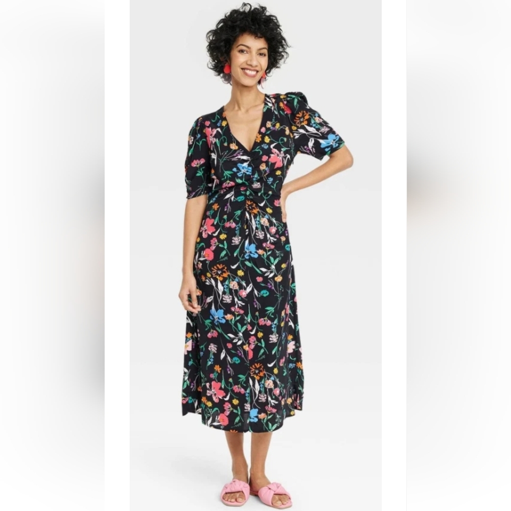A New Day Short Sleeve Black Floral Dress Size Large New